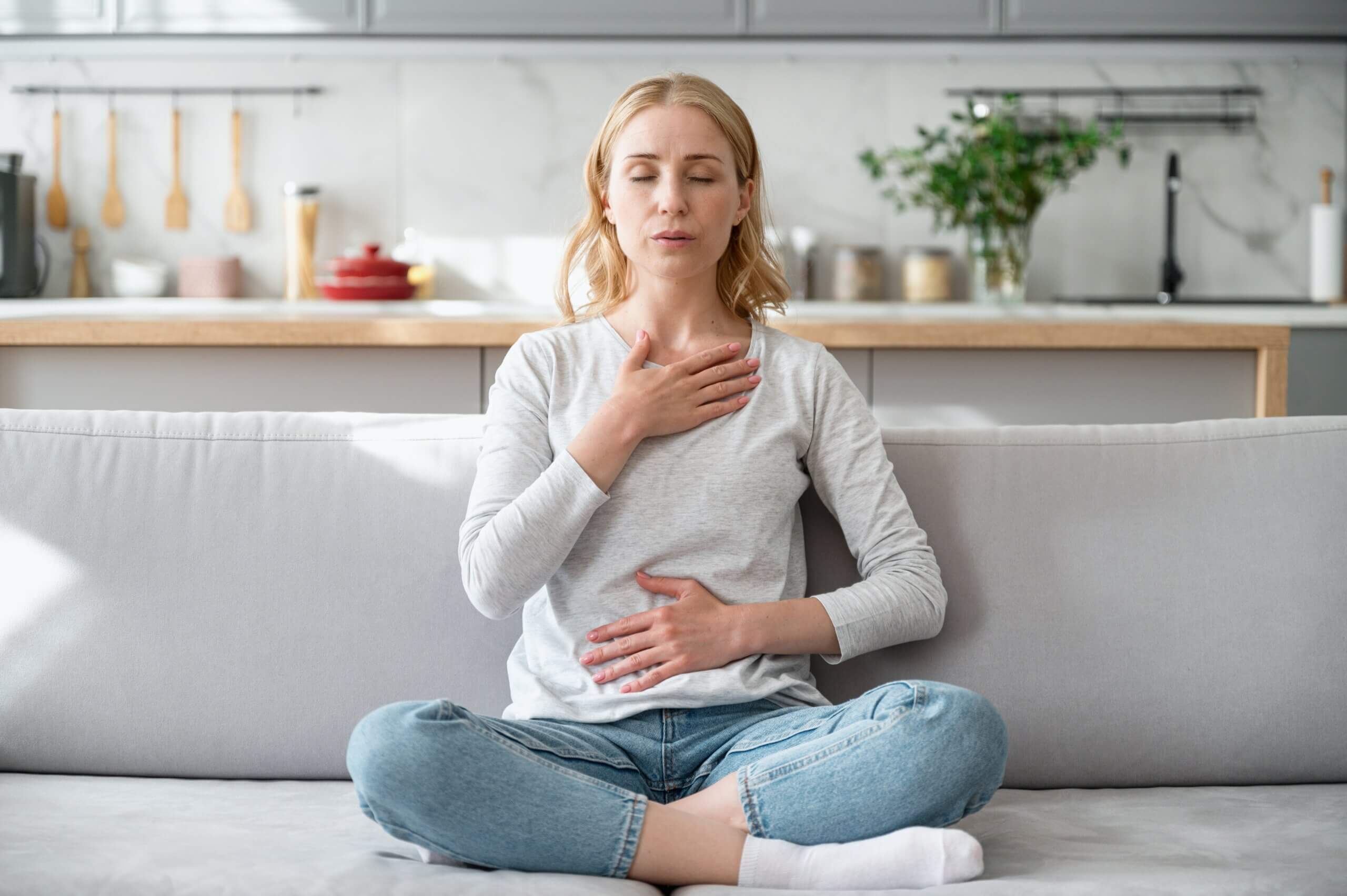 Concept,Of,Mental,Health.,Woman,Sitting,On,Couch,And,Doing clean